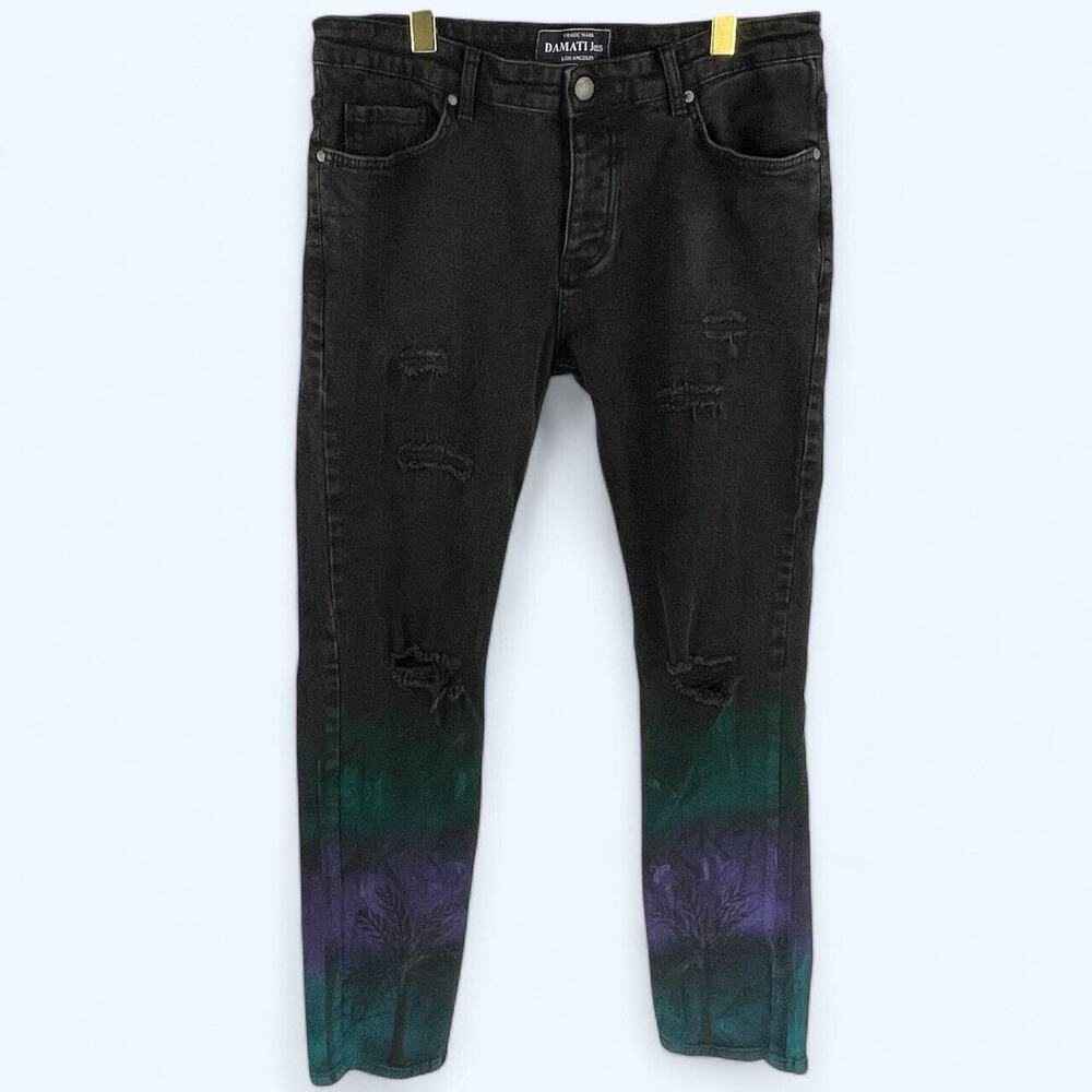 Damati Men's Black Slim Distressed Jeans with custom painting 36x32